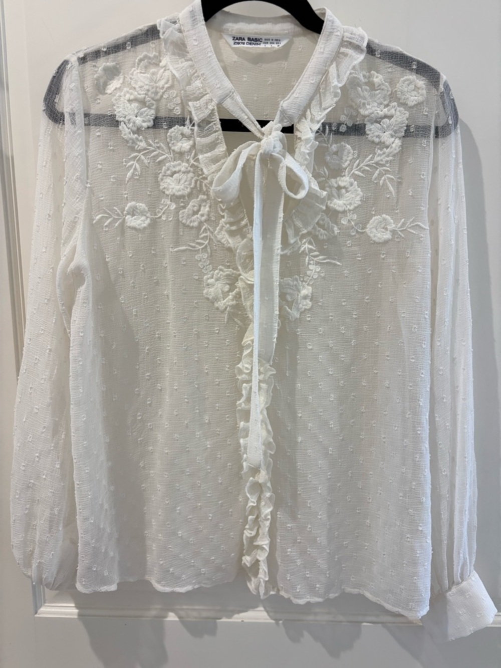 Zara Cream Sheer Embroidered Tie-Neck Blouse